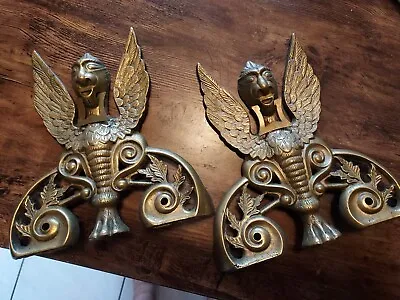 Vintage PAIR Brass Fireplace Andirons Griffin Gargoyle Ornate Decor • $165