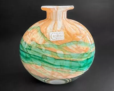 Creations Malta 5  Orange Cream Green Splatter Abstract Art Glass Flower Vase • $35