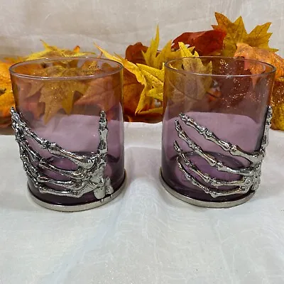 Halloween Gothic Skeleton Hand Purple Wine DOF Glass Silver Metal Set Of 2 RARE • $26.99