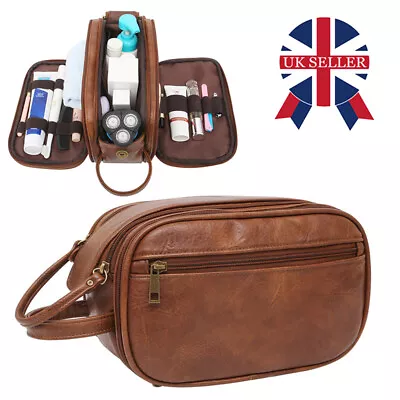 PU Leather Toiletry Bag For Men Large Travel Wash Bag Shaving / Water-Resistant • £14.98