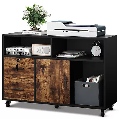 $92.99 • Buy Mobile Lockable File Cabinet Lateral Filing Cabinet W/ 2 Drawers & Open Storage