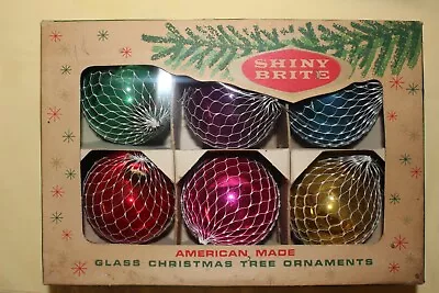 6 Vintage Shiny Brite Glass Round Solid Color Ornaments Mesh Covered 2.5  W/Box • $19.95