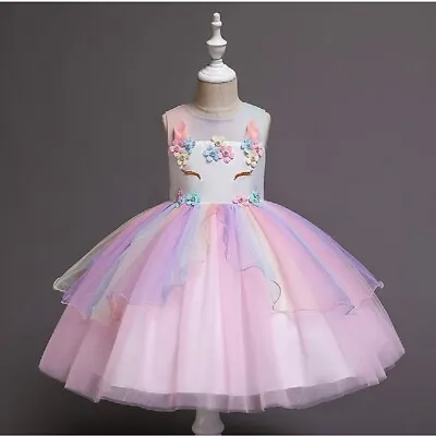 Kids Girls Unicorn Tutu Dress Up Costume Rainbow Fancy Party Outfit Set • £15.78