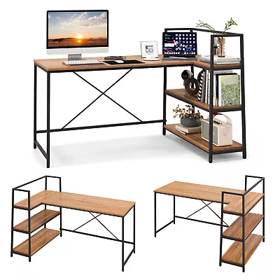 L-Shaped Corner Computer Desk Study Writing Table Workstation With Storage Shelf • £69.95