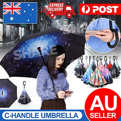 $14.45 • Buy Umbrella C-handle Reverse-Design Windproof Double Layer Upside Down Inverted AU