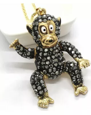 Betsey Johnson Black Enamel Rhinestone Monkey Pendant Chain Necklace NWT • $19.99