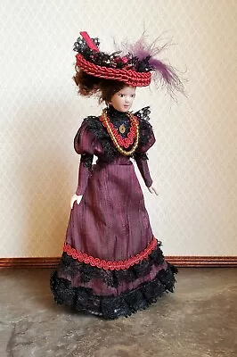 Dollhouse Miniature Victorian Doll Porcelain Fancy Maroon Dress & Hat 1:12 Scale • $12.75