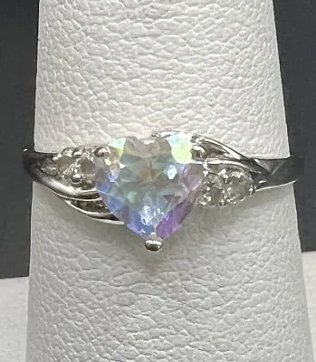 Ring 10 Karat White Gold Heart Shaped Center Mystic Topaz CZ Accents Size 7 • $99