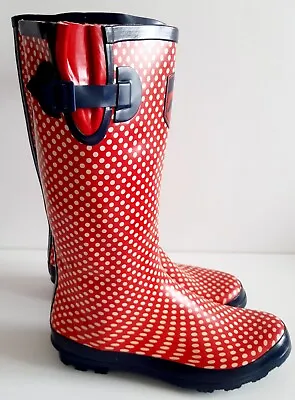 £23.99 • Buy Requiste Ladies High Calf Red Navy Spotty Wellington Boots Size 4 BNWT Rrp £39