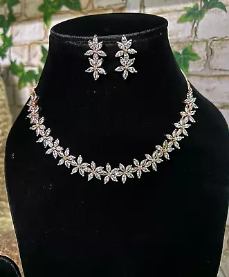 Indian Bollywood Silver Plated Ethnic AD CZ Jewelry Earrings Necklace Bridal Set • $18.47