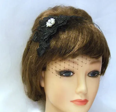 £19.99 • Buy Black Fascinatror, Wedding Headpiece Crystal Pearl Jewel Mini BirdcageVeil 