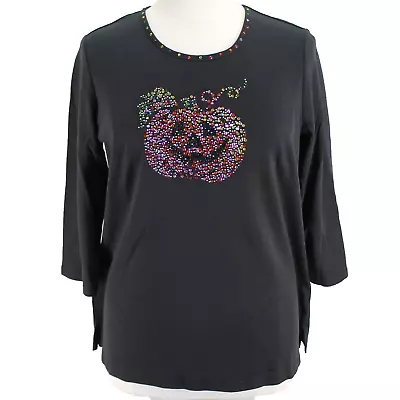 Quacker Factory Knit Top Womens Size XL Black Embellished Pumpkin 3/4 Sleeve • $21.99