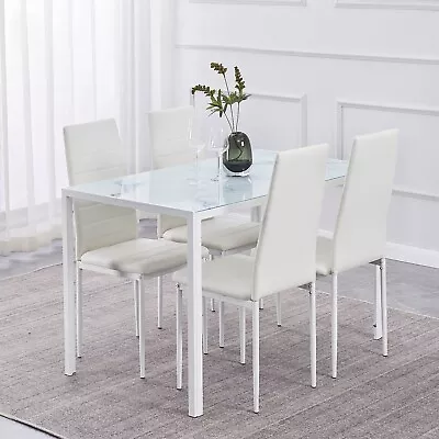 4x White Faux Leather Dining Chairs White Marble Tempered Glass Dining Table Set • £149.99