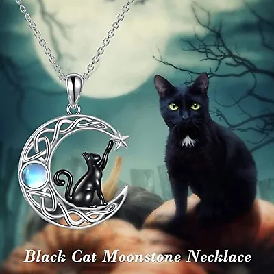 Sterling Silver Moon Cat Necklace For Women Girls Birthday Cat Jewelry Gifts • $8.94