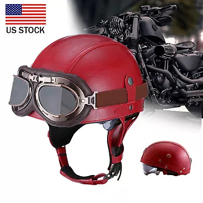 Vintage Leather Motorcycle Retro Half Helmet Scooter Bike Cruiser W/Goggles US • $48.99