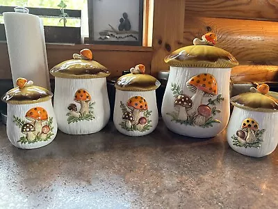 Vtg 1970s Sear's Roebuck Merry Mushroom Kitchen Canister Set Two-Sided Retro MCM • $88.22