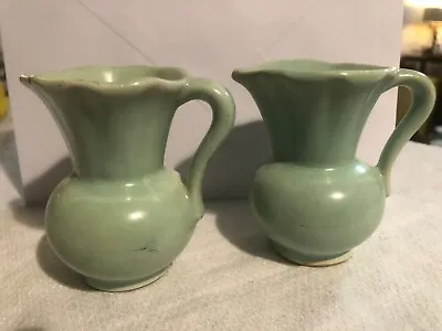 Pair Of West German Jasba Miniature Jugs Marked Germany 554 Soft Green • £10