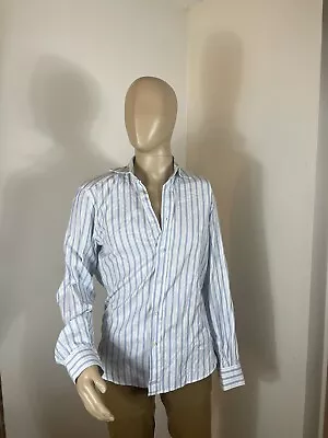 VALENTINO  Men's Dress Shirt Blue & White Striped Size 39 & 15 1/2 VTG Button Up • $28