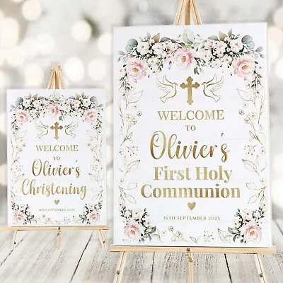 Personalised Welcome To Christening Party First Holy Communion Pink Gold Sign A2 • £3.99