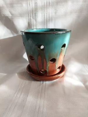 Orchid Pot 5.5  Tall Glazed Ceramic Aqua Drip Over Copper Color NEW (T13)  • $29.95