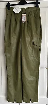 Brand New Boohoo Khaki Leather Look Slim Fit Trousers Size 6 Tall • £4.99