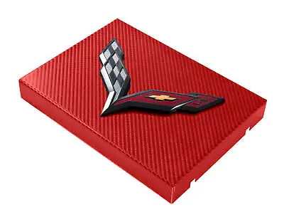 C7 Corvette Red Carbon Fiber Fuse Box Cover W/ Black Crossed Flags Emblem • $54.95