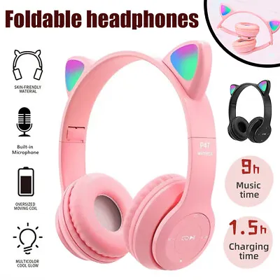 £9.99 • Buy Kids Children Headphones Wireless Bluetooth Headset LED Lights Cat Ear Earphone 