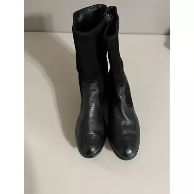 UGG Australia Womens Lou Boots Black Leather Mid Calf High Heel Block Zip Sz.9 • $40.97