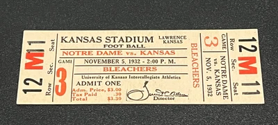 $29.95 • Buy 1932 Kansas Jayhawks V. Notre Dame Fighting Irish Football Ticket Vintage Old