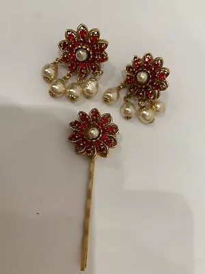 Sign Miriam Haskell Pearl Ruby’s Rhinestone Flower Hair Pin Earrings Jewelry • $152.50