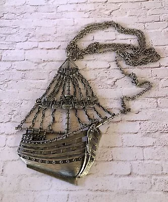 Vintage 1970's Massive Metal Boat Ship Pendant Necklace. Excellent Condition • $64