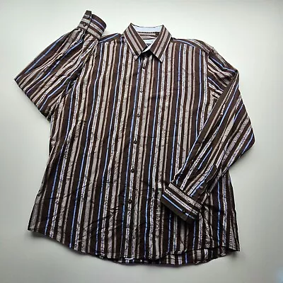 Zagiri Mens Shirt XXL Brown Blue Gray Abstract Designed Stripes Flip Cuff Flowy • $22.99