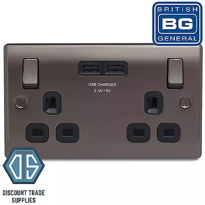 £17.99 • Buy BG Nexus Double Socket 2 USB Ports In Black Nickel 3.1A NBN22U3B Black Inserts 