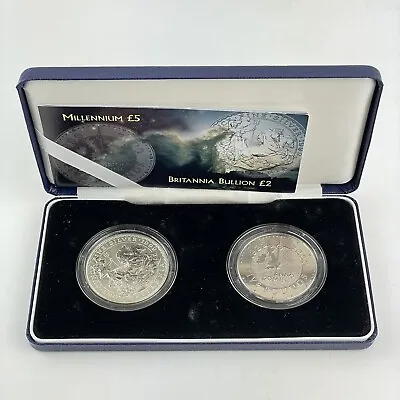 1999 Great Britain Silver Britannia £2 Coin & Millenium £5 2000 Set • £79