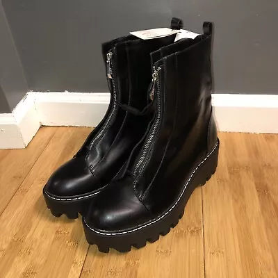 $48.06 • Buy Zara Front-Zip Ankle Black Leather Boots Women Size 10 - 41 EU - NWT NEW VG