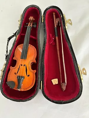 Vintage Mini Wooden 5” Violin & Bow Replica In Hinged Black Case • $10.99