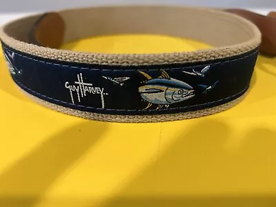 Guy Harvey Fishing Belt Vintage Brass Buckle Navy Blue Men’s Size 38 • $24