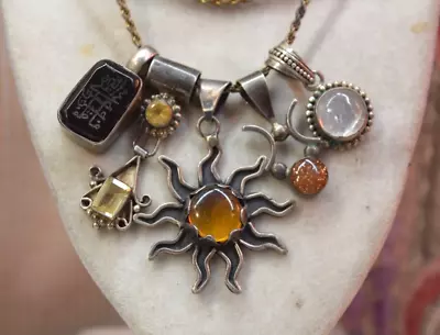 5 Vintage Sterling Gemstone Necklace Pendants 1 Chain Amber Citrine 22  • $22.50