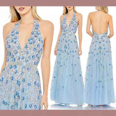 NWT $598 Mac Duggal [ 8 ] Floral Embellished Halter Strap A Line Gown Blue G1809 • $365.99