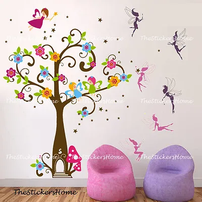 Girls Pink Magic Fairy Tree Angle Wall Stickers Art Decal Wallpaper Kids Nursery • £9.49