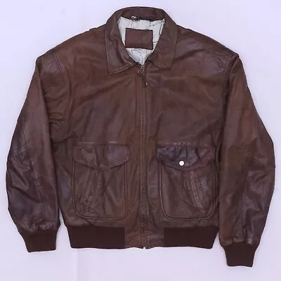 C4041 VTG Fidelity Lined Map Brown Leather Bomber Jacket Size XL • $24.49