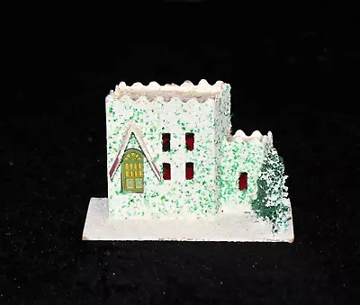 VTG Christmas Putz House Japan Mica Glitter White Sponge Tree Cardboard 2 3/4  H • $18.99