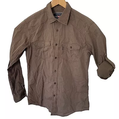 Ecko Unltd Mens M Button Up Shirt Brown Stripe Roll-Up Sleeve Double Pockets • $15.16