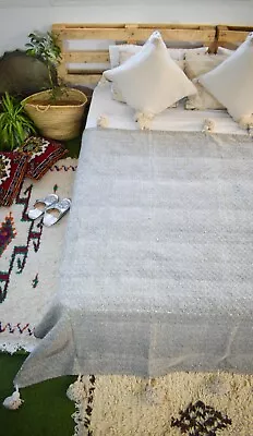 Moroccan Handmade Cotton Blanket Pom Pom Blanket Bedspread Handwoven Bed Cover • $120