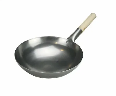 11'' Carbon Steel Wok Deep Chinese Asian Cooking Wooden Handle Stir Fry Pan Flat • £13.97