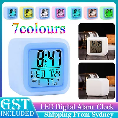 $11.99 • Buy 7 Colors Changing Digital Clock Temperature Light Cube Desk Kids Wake Up Alarm