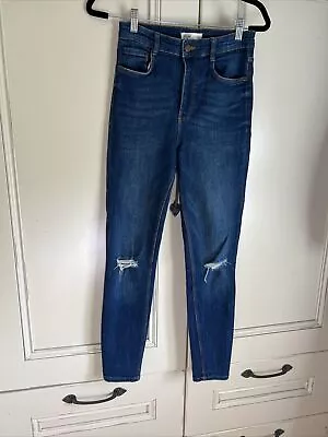 Zara TRF Dark Blue High Waisted Skinny Jeans With Ripped Knees Size 10 Worn Once • £12