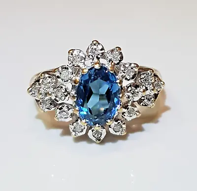Stunning 9ct Gold Blue Topaz And Diamond Ring Size N 3.2 Grams • £178