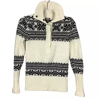 J. Crew Cream Black Nordic Fair Isle Snap Neck Henley Pullover Wool Sweater  XS • $49