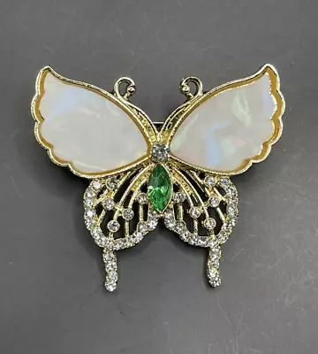 Gold Tone Rhinestone Mother Of Pearl Enamel Butterfly Brooch • $12.75